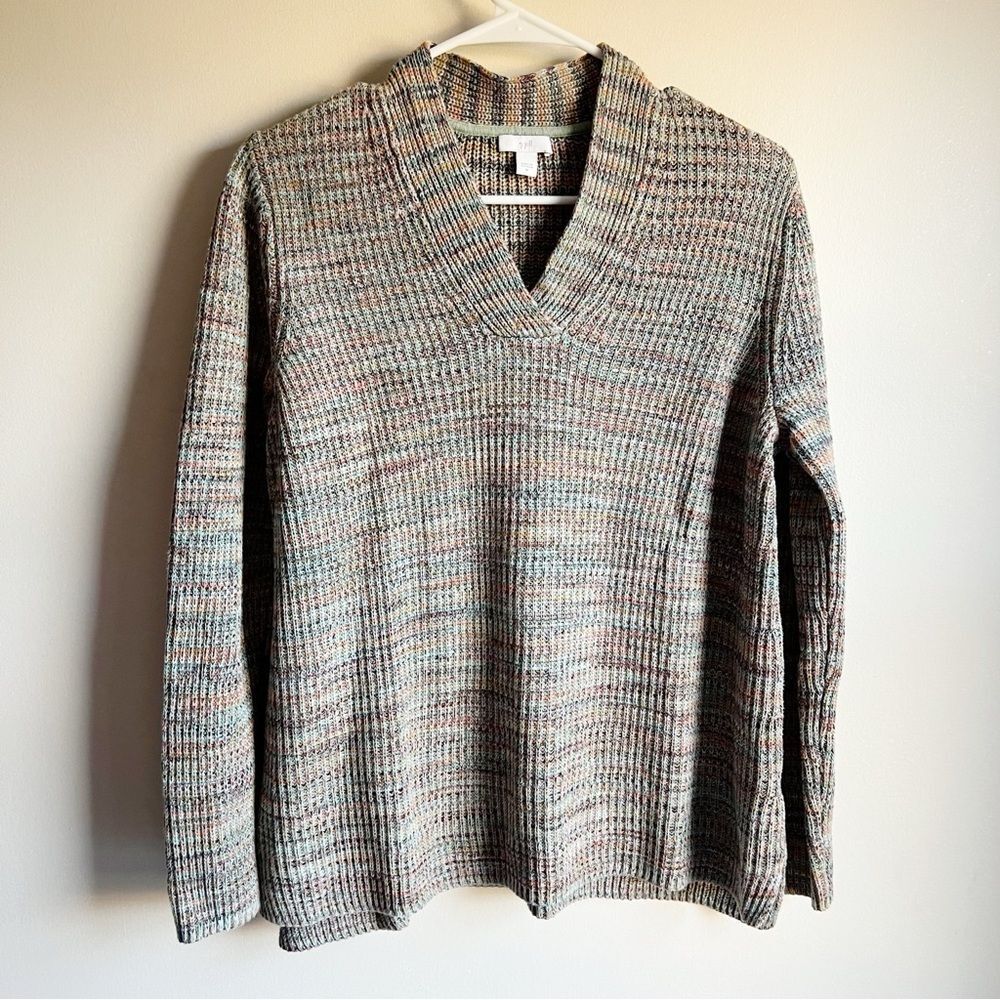 J Jill Rainbow Marled Split Neck Chunky Knit Pullover Sweater
